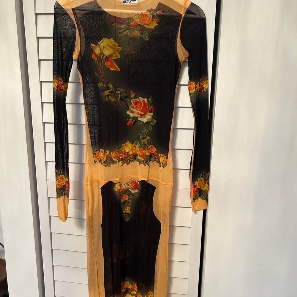 Jean Paul Gaultier Black and Orange Floral Long Sleeve Dress